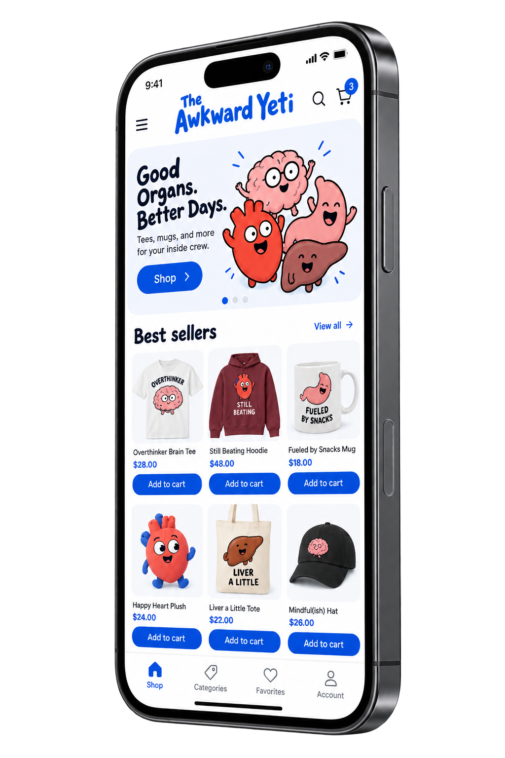 The Awkward Yeti ecommerce application displayed on a smartphone with its right edge visible