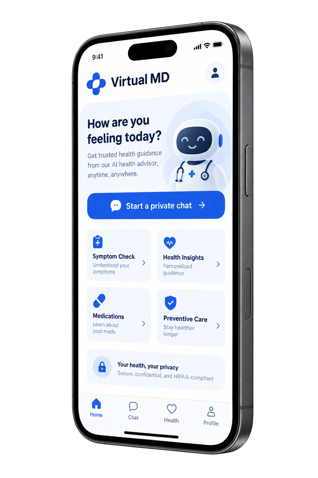Virtual MD health advisor application displayed on a smartphone